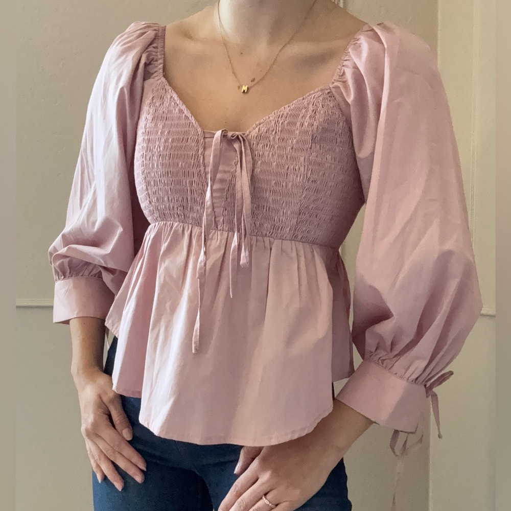 NWT En Saison Pink Smocked Peplum Blouse